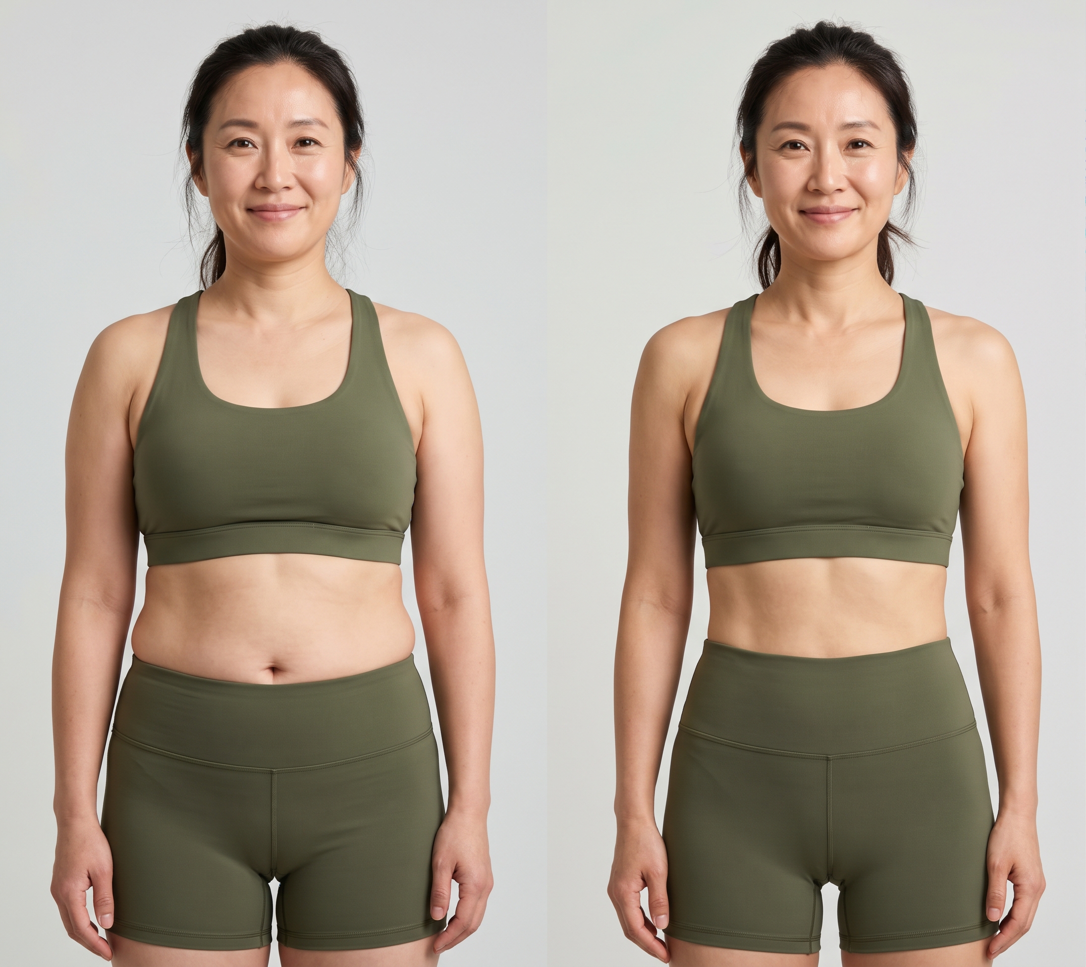 Woman in her 40s in workout clothes, showing her waist and midsection